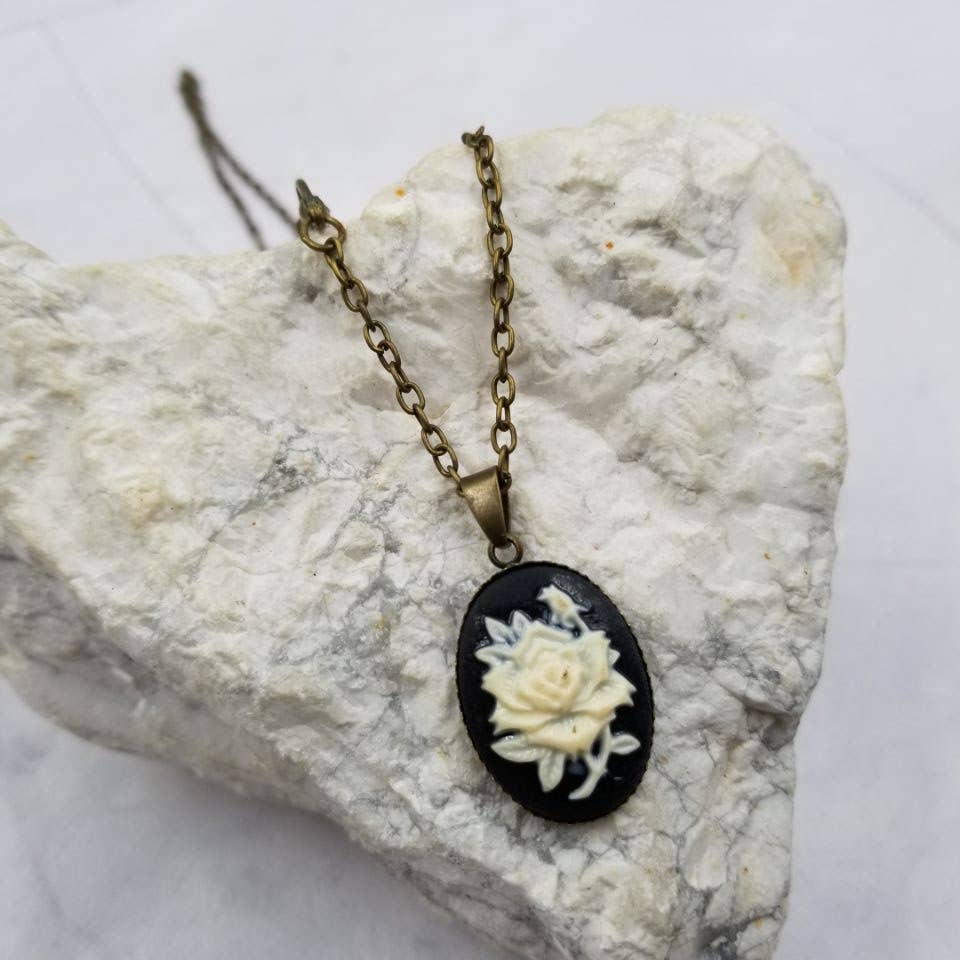 Black Flower Rose Cameo Pendant Necklace