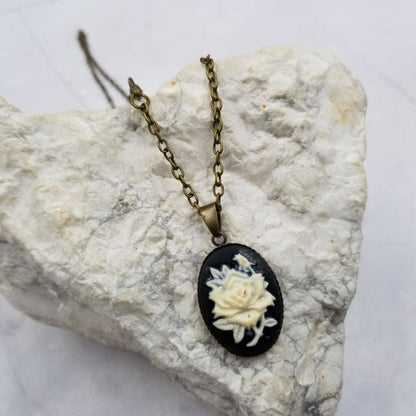 Black Flower Rose Cameo Pendant Necklace